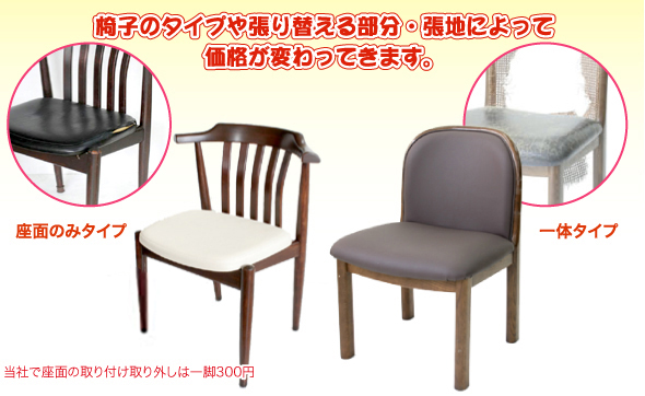 椅子のタイプや張り替える部分・張地によって価格が変わってきます。